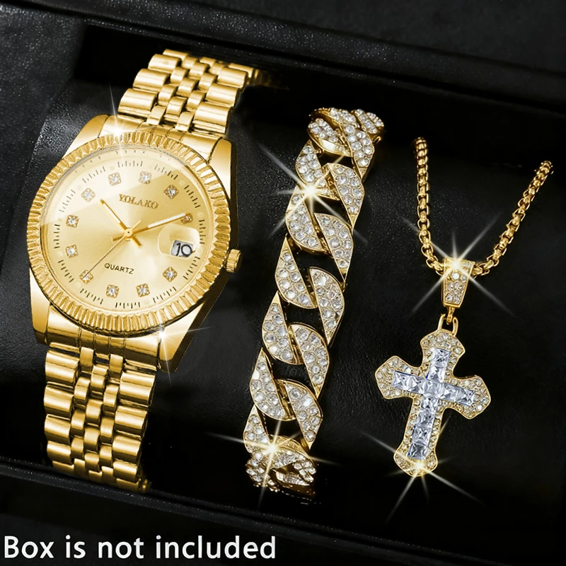 

Роскошные мужские деловые часы с кристаллами, 3 шт., комплект с браслетом и ожерельем, кварцевые часы с календарем и стальным ремешком (без коробки)