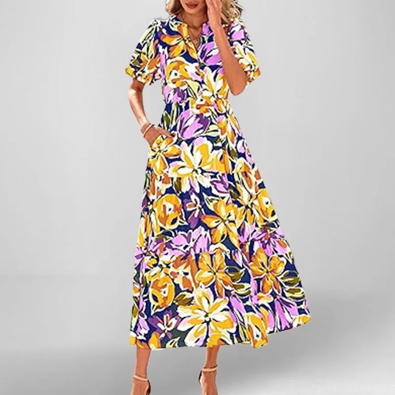 

TOY-2025Spring New Women's Fashion Elegant Simple Trendy PrintVCollar Dress