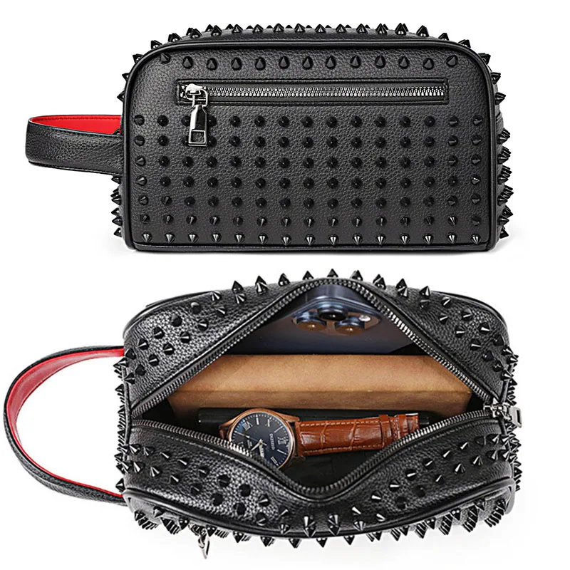 

Trendy Rivet Design Men Bag High Quality PU Leather Clutch Bags Money Purse For Men Women Cyberpunk Style Hand-carried Wallets
