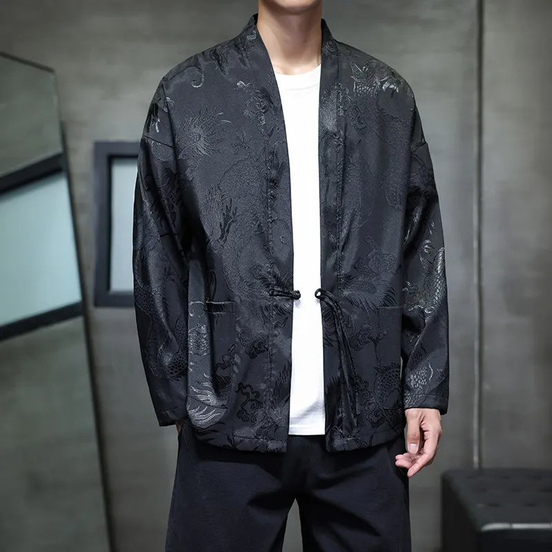 

Men's Retro Chinese Costume Jaet Autumn New Dragon Pattern Embroidery Anti-Wrinkle Button Cardigan Taoism Long Sve Coat
