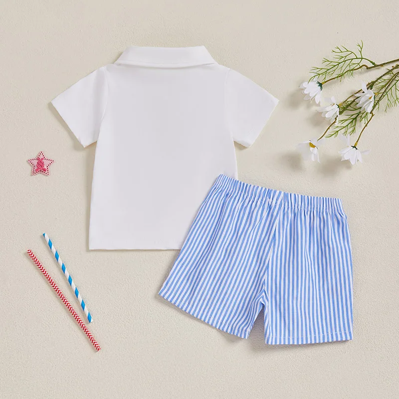 Boys American Flag Independence Day Short Sleeve Lapel Tops Star Stripe Print Shorts Outfits Set for Summer Celebrations