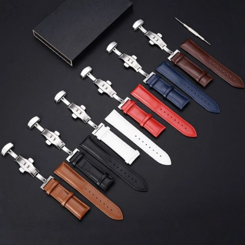 Men and Women Straps Leather Cowhide Watch Accessories Butterfly Buckle Two-layer Real Cowhide Strap Plain Weave Needle Pattern