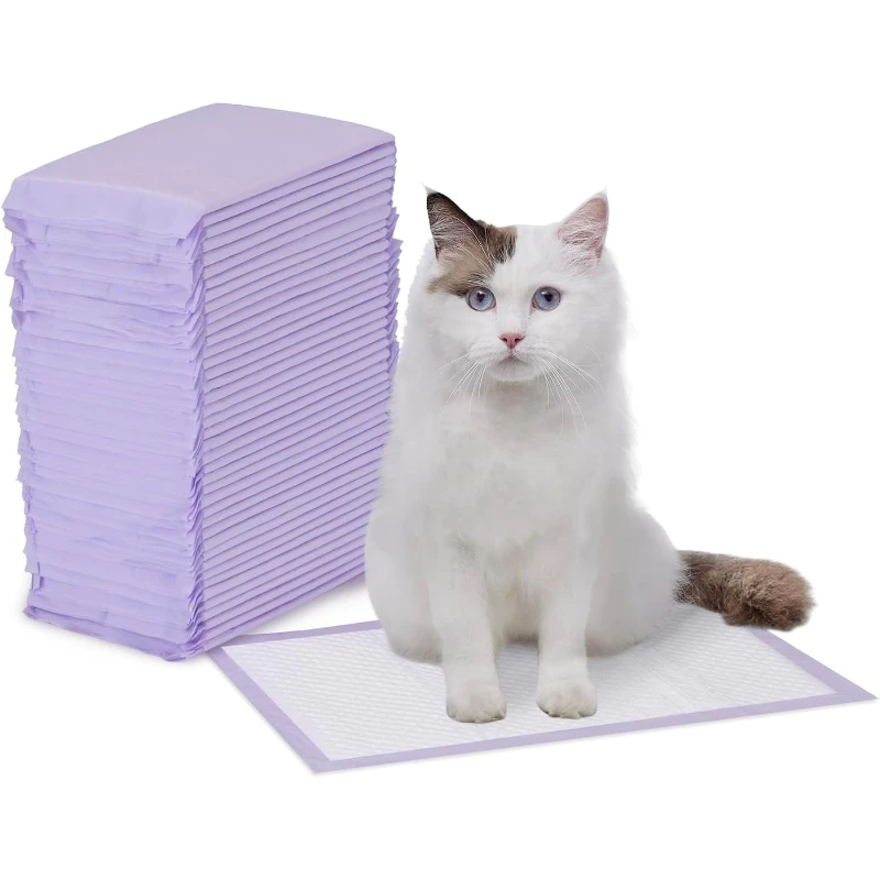Tapis absorbants pour litière pour chat, contrôle des odeurs avec parfum frais, super absorbants, jetables, adaptés à toutes les litières, violet et blanc