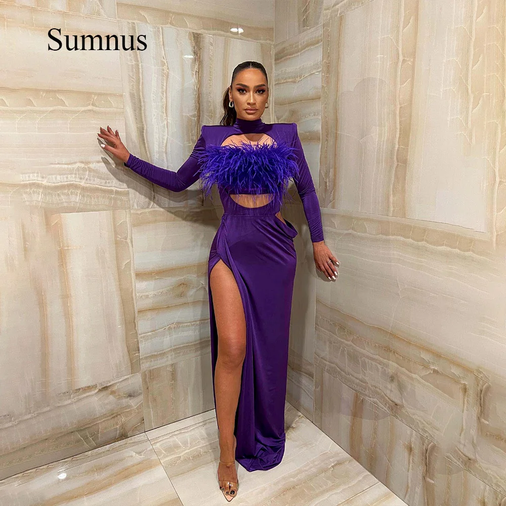 

Sumnus Purple Mermaid Sexy Party Dresses Blue Feather Strapless High Neck Side Split Prom Dress Full Sleeve Spandex Event Gowns