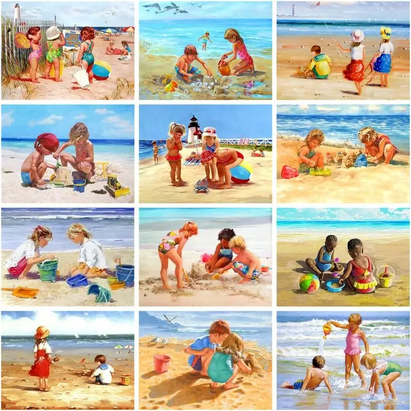 

CHENISTORY Children Playing By The Seaside Diamond Embroidery Cross Stitch Kit Crystal Mosaic Diamond Painting Rhinestone Home D