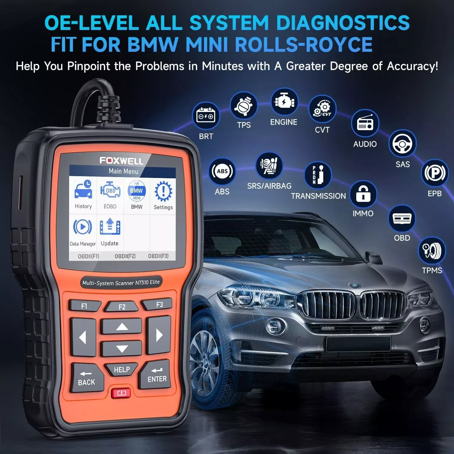 Foxwell NT510 Elite For BMW All System ABS SRS D.PF TPMS OBD2 Diagnostic Scanner OBD2 Automotive Scanner Bi-directional Diagnost