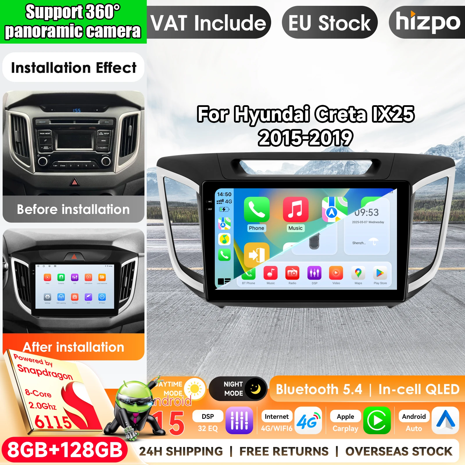 Pour Hyundai Creta IX25 2015 - 2019 Autoradio Lecteur multimédia vidéo Navigation Stéréo GPS Carplay Android Auto avec Apple CarPlay Systèmes intelligents 2 Din Autoradio Unité centrale Navigation Pro AI Moniteur automobile Bluetooth 4GLTE WIFI FM AM DSP RDS