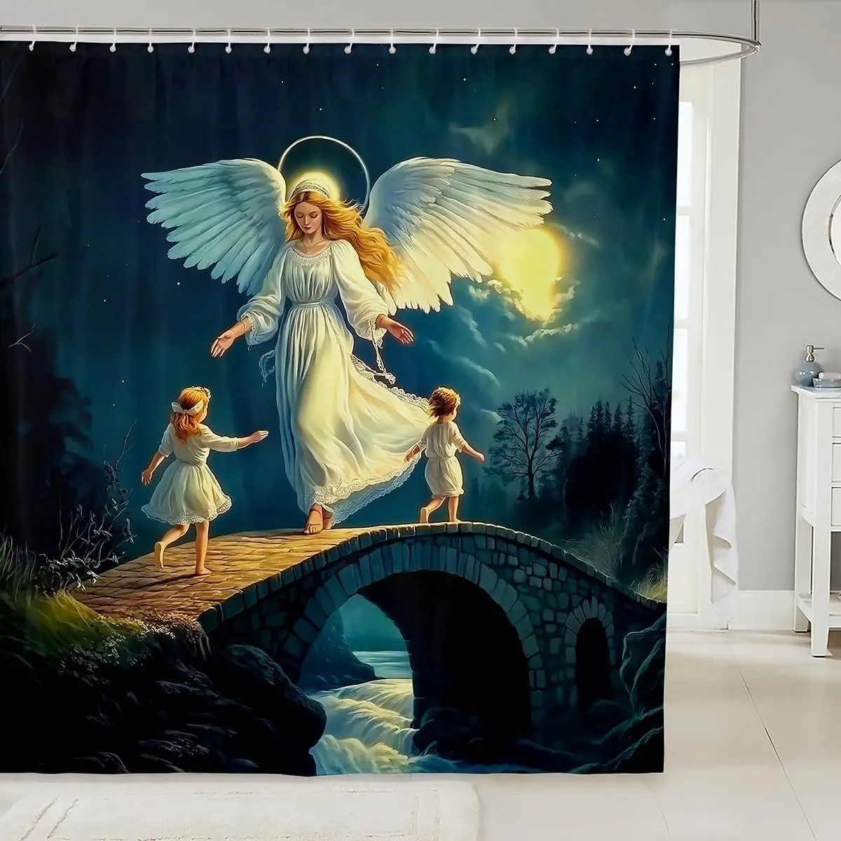 Divine Angel Guiding Girls Inspirational Shower Curtain 72x72 Inches Waterproof Bathroom Decor Kids Faith Art