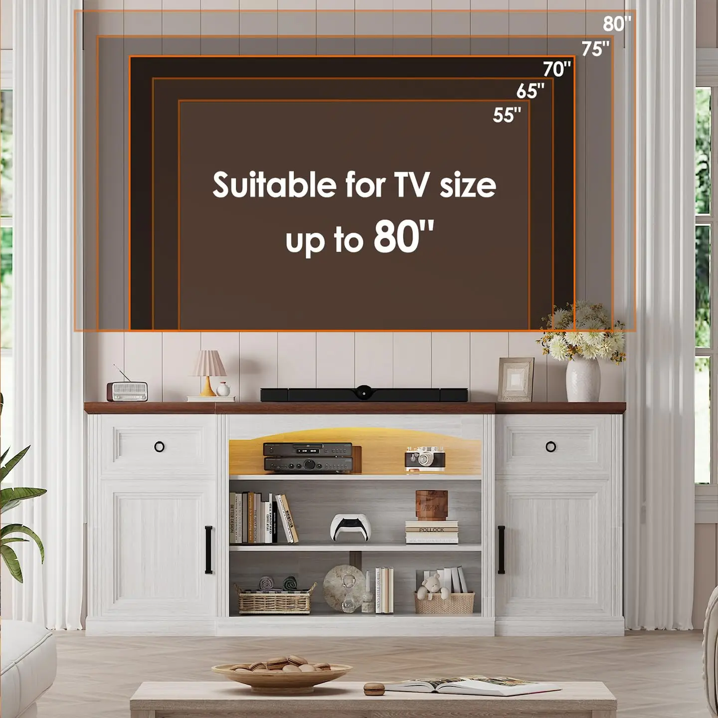 70" Farmhouse TV Stand for 80" TVs, Walnut & Antique White Media Console with LED Light, Power Outlet, 2 Drawers