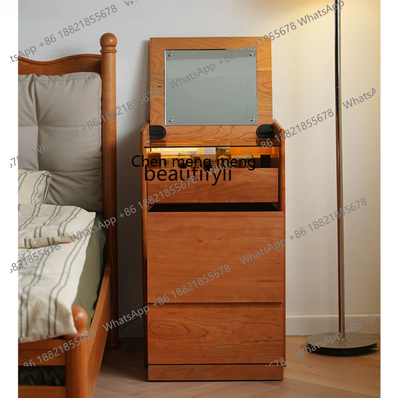 Nordic Solid Wood Dresser with Mirror Cherrywood Integrated Small Desk Flip Makeup Table