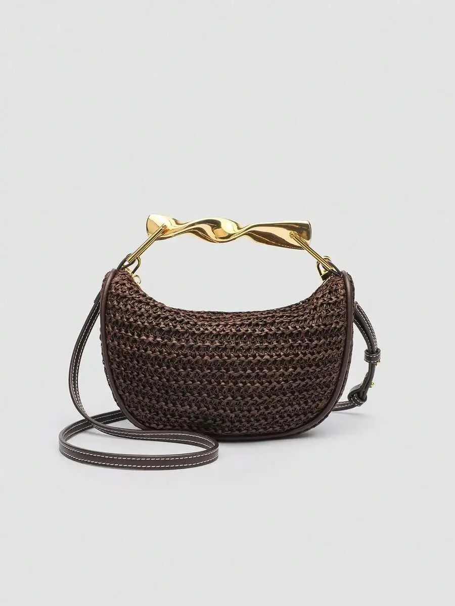

Woven Mini Crossbody Bag With Metal Handle Womens Saddle Shape Straw Bag Casual Summer Shoulder Bag