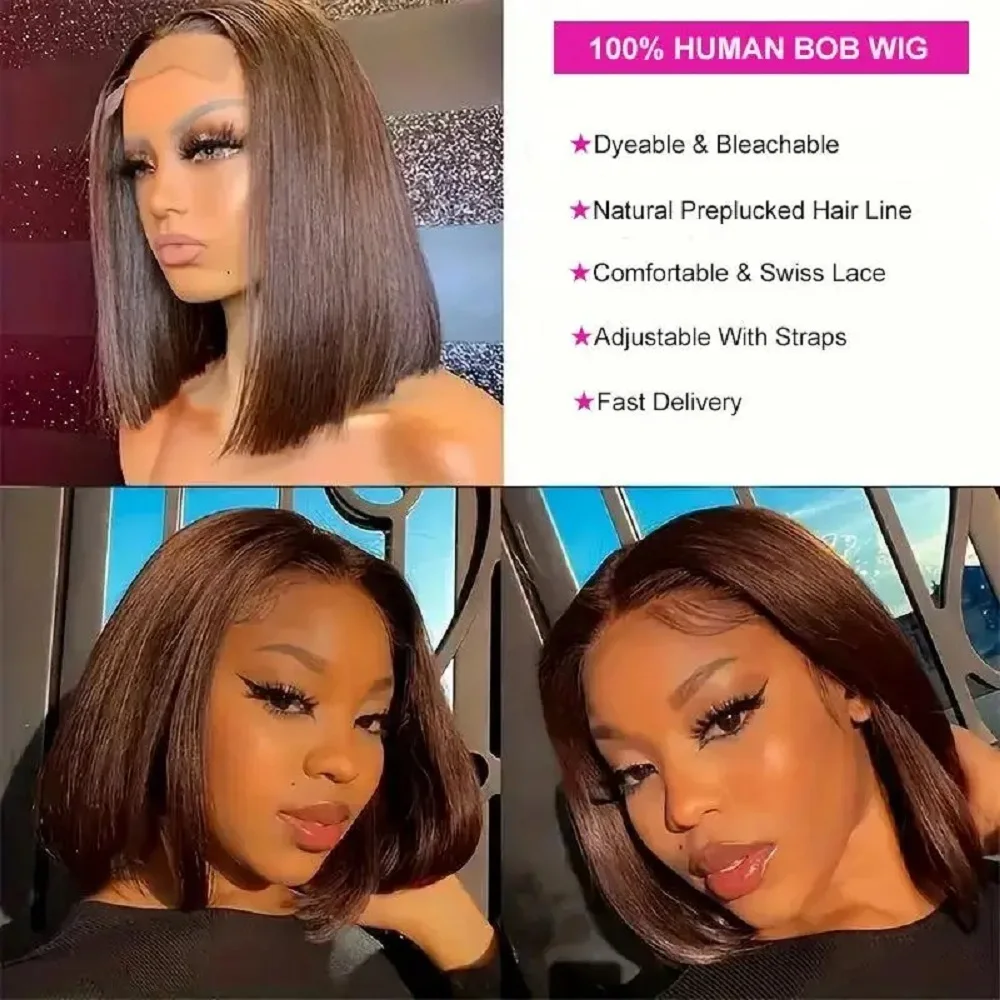 8-14 Short Inch Chocolate Brown Bob Straight Human Hair Wig 200 Density Preplucked Prebleached #4 Colored 13x4 HD Lace Front Wig