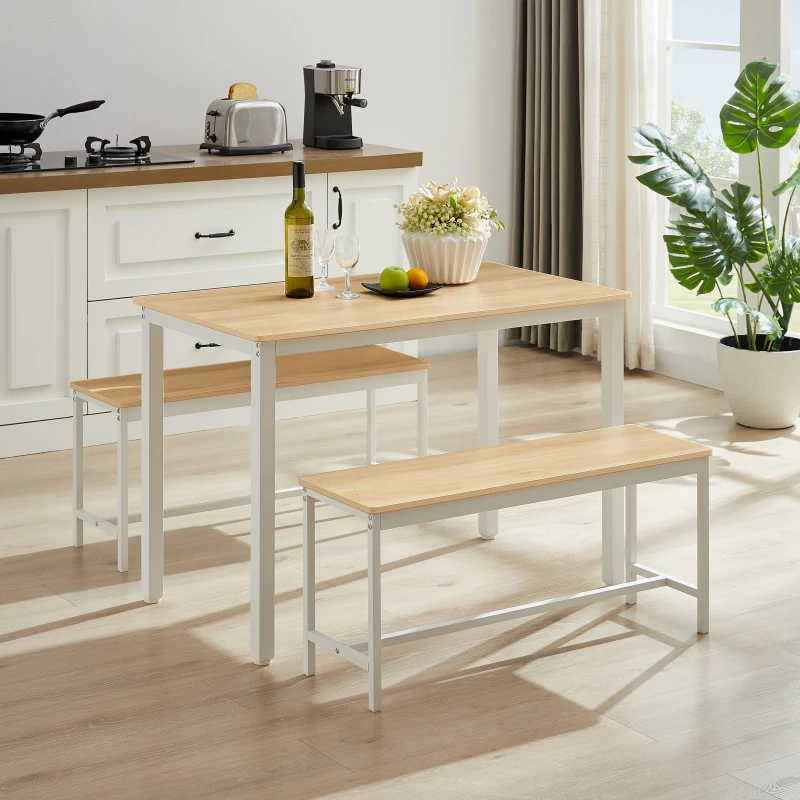 Ensemble de table à manger, table de bar avec 2 bancs, table de cuisine avec chaises, table de petit-déjeuner industrielle pour cuisine, salon, salle de fête, couleur naturelle et blanche, table à manger, table de cuisine, facile à nettoyer, design moderne