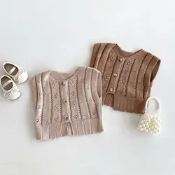 2024 Autumn New Children Knitted Vest Baby Sleeveless Casual Coat Girls Cute Hollow Out Knitwear Kids Versatile Sweater Cardigan