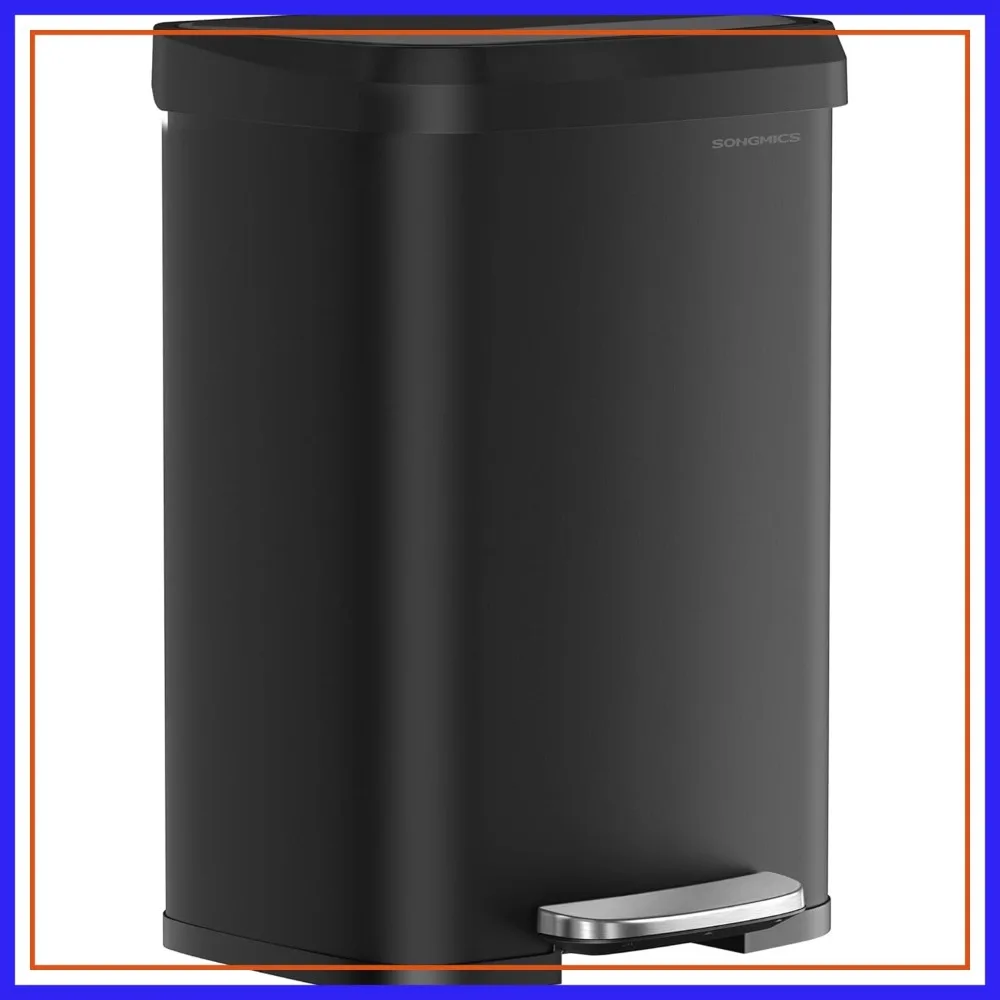 

13 Gallon Stainless Steel Garbage Can with Stay-Open Lid, Step-on Pedal, Soft Close, Large Kitchen Trash Can, Black