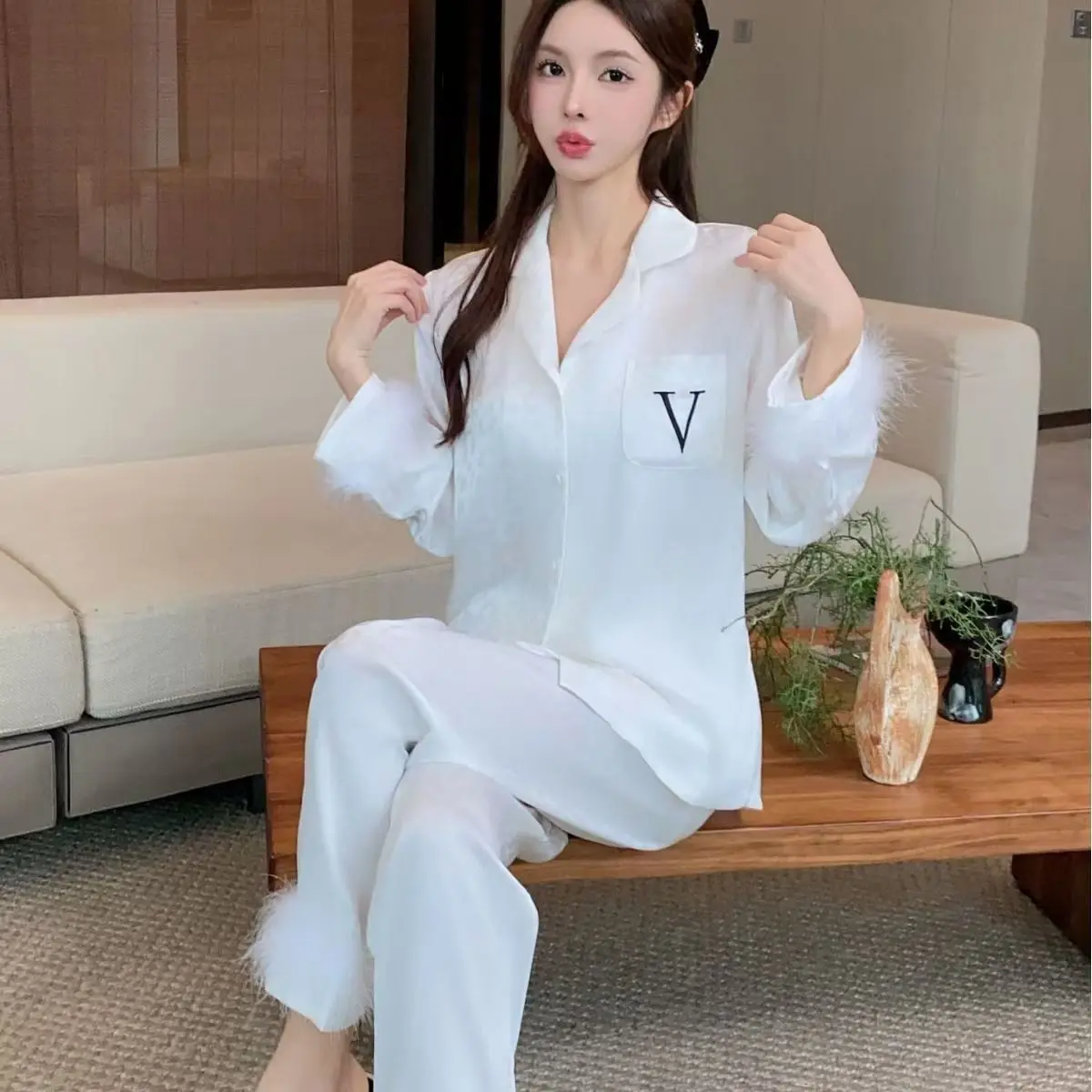 Pijama Mujer Luxury Pajamas for Women Spring and Autumn Ice Silk Long-sleeved Large-size Cardigan Set Loungewear Feather design