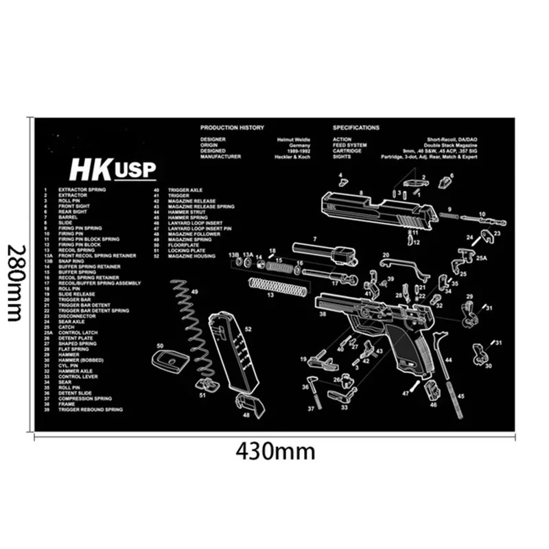 280x430mm Gun Cleaning Rubber Mat With Parts Diagram Instructions Mouse Pad For 1911 Glock HK USP M92 P220 226