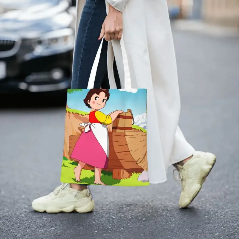 Alps Mountain Girl Happy Heidi Groceries Shopping Bag Print Canvas Shopper Tote Shoulder Bag Large Capacity Washable Handbag