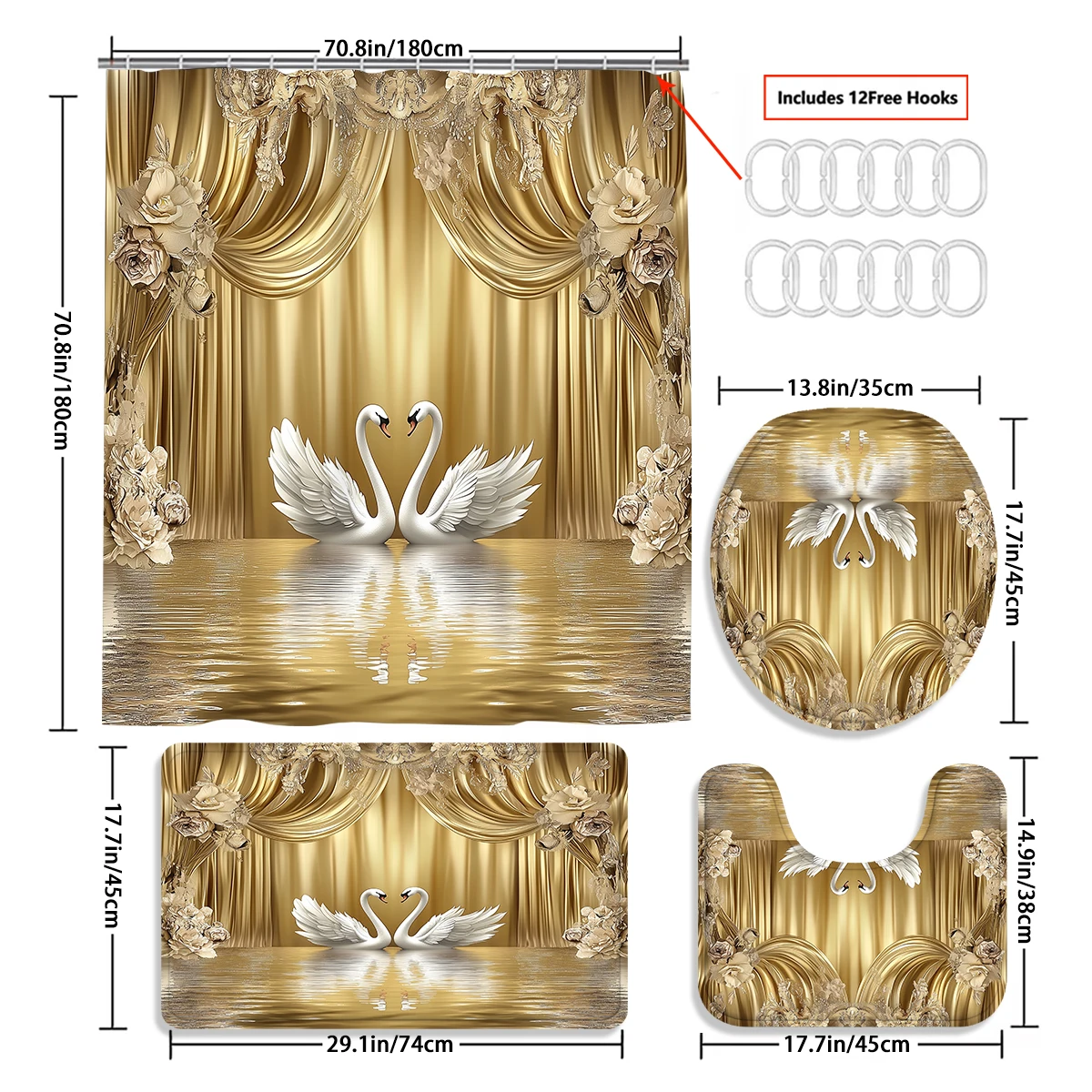 1/4PC gold swan curtain water shower curtain set,waterproof shower curtain and waterproof non-slip carpet,12free hooks