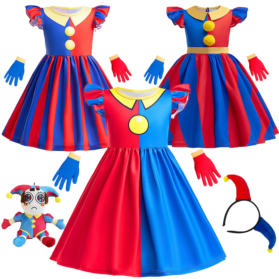 Платье принцессы для косплея Pomni для девочек, комплект удивительных цифровых цирковых перчаток в стиле аниме, детская карнавальная маскировочная одежда на Хэллоуин с героями мультфильмов