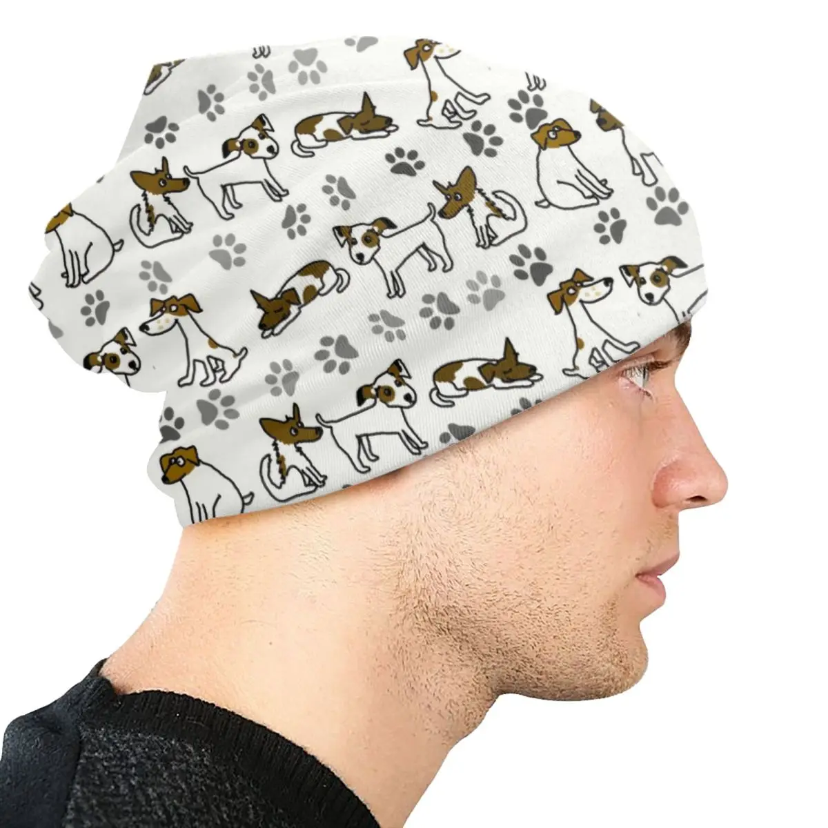 หมวกถัก Topi Bonnet รูปการ์ตูนแจ็ครัสเซลเทร์เรียร์ตลกผู้ชายผู้หญิงฮิปฮอป unisex ผู้ใหญ่ฤดูหนาวอบอุ่นหมวกบีนนี่