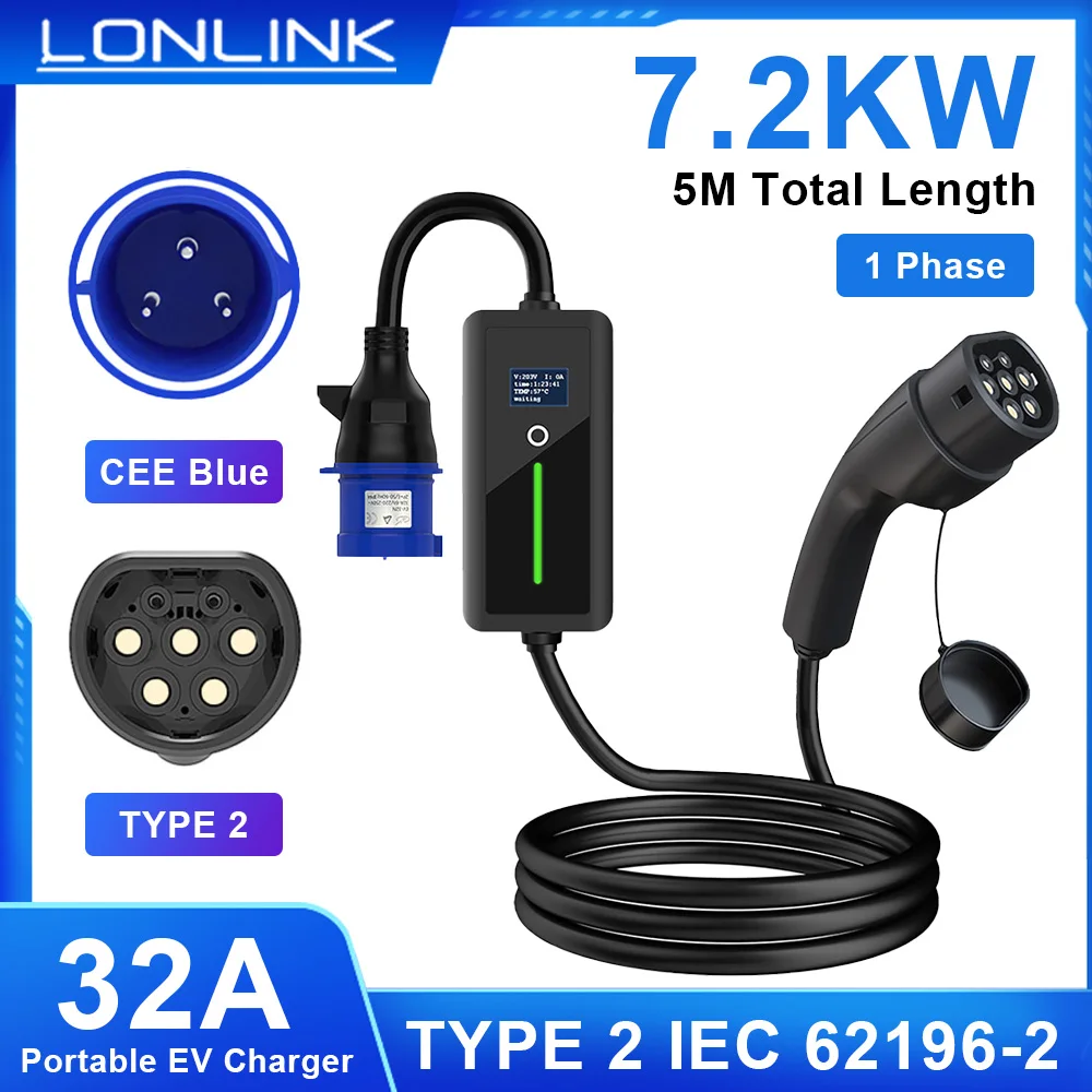 LONLINK Portable EV Charger Wallbox 5m Cable Type 2 7KW 32A 1Phase CEE Socket EVSE Charging Box for Electric Vehicle Charger