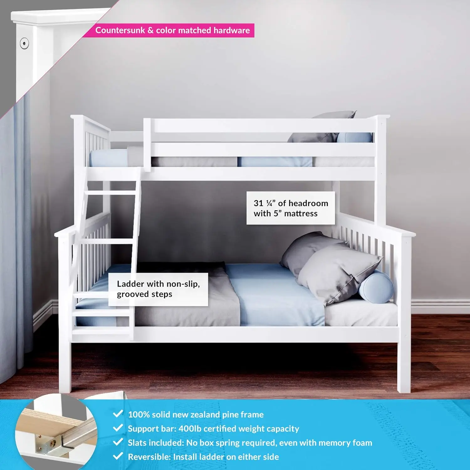 Max & Lily Bunk Bed Twin Over Full Size with Ladder, Solid Wood Platform Bed Frame with Ladder for Kids, 14