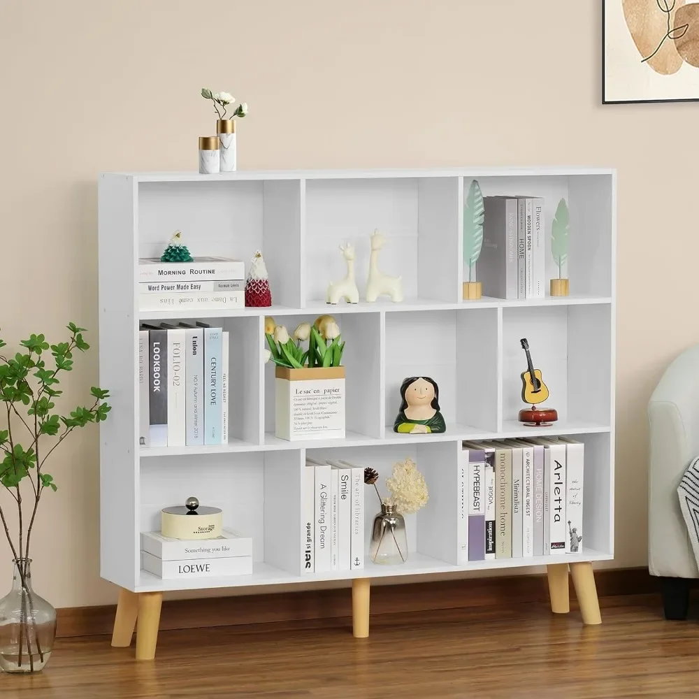 10 Cube White Bookshelf,3 Tier Book Shelf with Legs,Modern Minimalist Bookcase,Open Book Shelves Storage Organizer