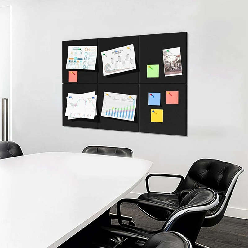 Versatile 6 Pack Black Felt Wall Tiles, Cork Board Substitute, Includes 50 Pushpins For Wall Display