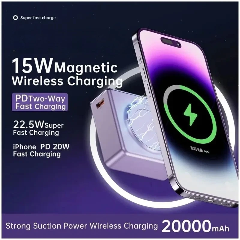 

20000 мАч Powerbank для ноутбука, мини-портативное зарядное устройство, 22,5 Вт, внешний аккумулятор, быстрая зарядка, магнитная беспроводная зарядка для iPhone 15 14 Q7
