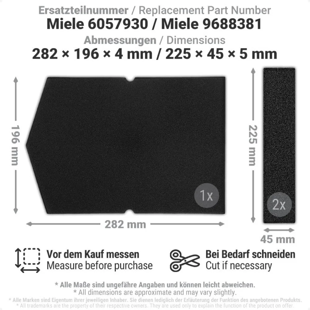 Sponge Filter Pad 282x196x4mm Replacement Part 6057930 9688381 For Miele Tumble Dryer Lint Trap Cotton Material Easy Clean