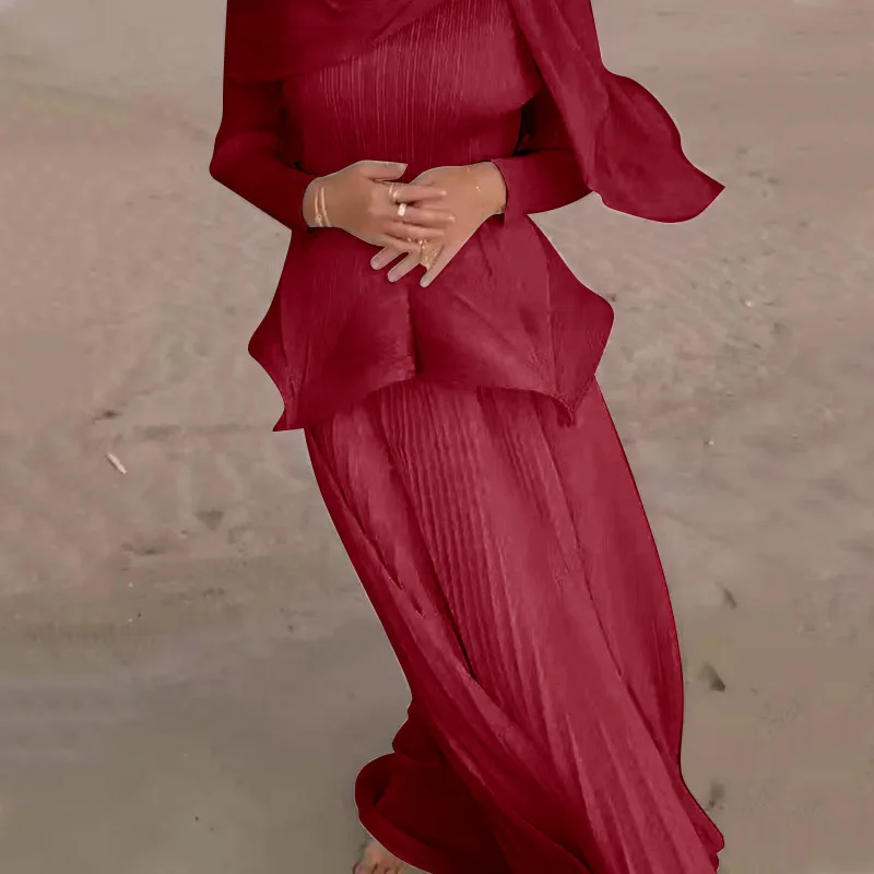 WHTREND 2 قطعة مجموعات للنساء قمصان مطوي + التنانير الطويلة طول الأرض بلون الإناث الملابس الفاخرة الخريف جديد WH1593 #5