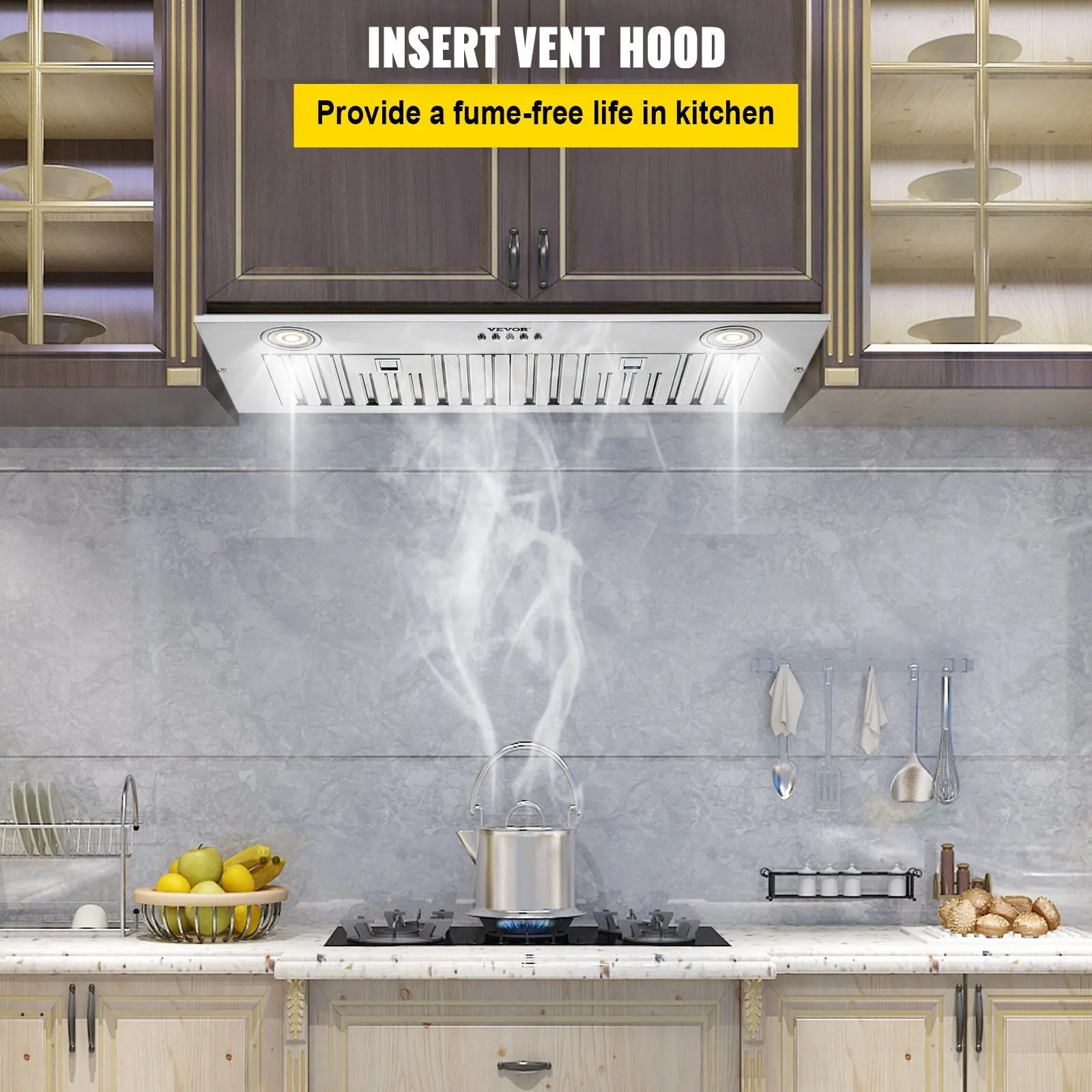 Insert Range Hood, 800CFM 3-Speed, 30 Inch Stainless Steel Built-in Kitchen Vent with Push Button Control LED Lights Baffl