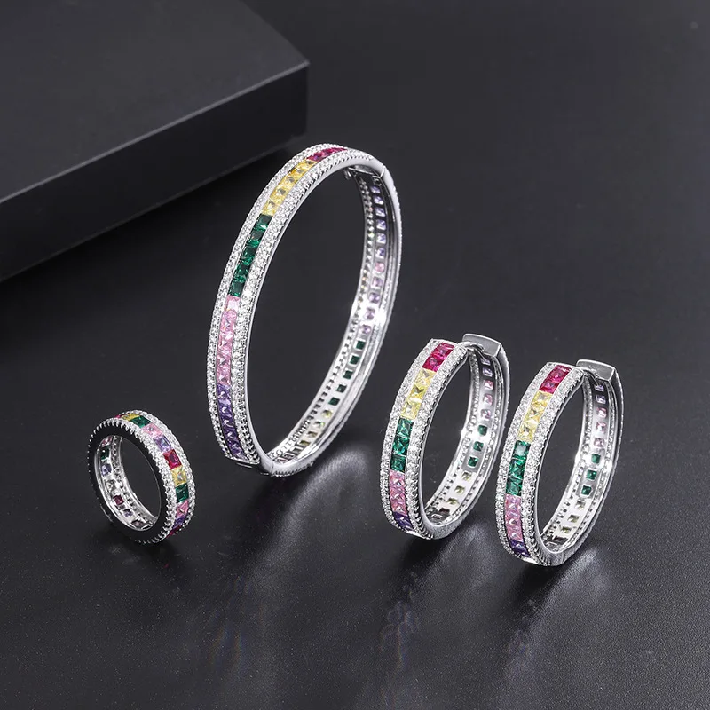 

High Quality AAA Cubic Zirconia Luxurious Colorful Gemstone Wide Version Bangle Pink Crystal Earrings Ring Set for Women Jewelry