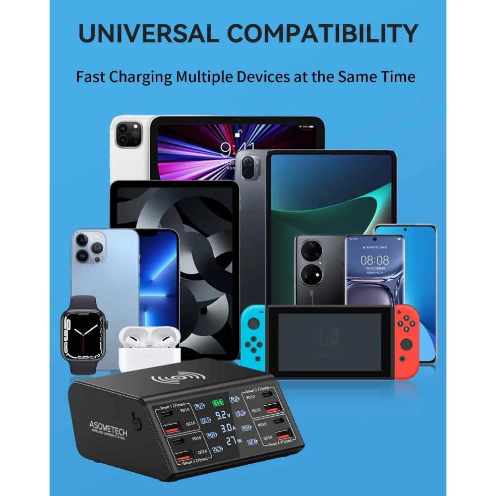 Estación de carga USB de 8 puertos de 100 W con carga rápida 3.0, USB-C PD, cargador inalámbrico y pantalla LCD para iPhone iPad Samsung