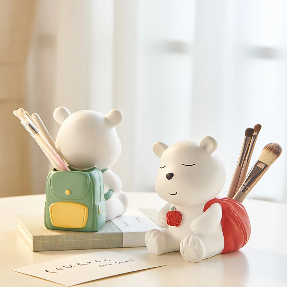 Modern Decor Bear Figurine Storage Pen Holder Desk Decoration Accessories Resin Embellishment Makeup Brush Storage Home Decor