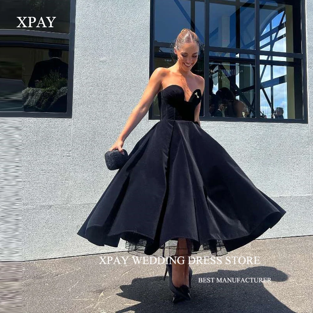 

XPAY Modern Simple A Line Black Velvet Prom Party Dresses Sweetheart Ankle Length Evening Gowns Formal Dress Corset Back