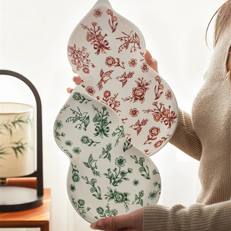 Ceramic Dessert Plate Vintage Flower and Bird Gourd Styled Refreshment Tray Home Living Room Decoration Red Green Ceramic Plate