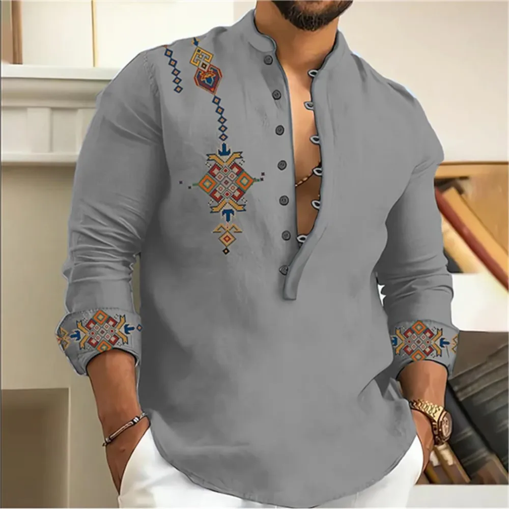 Camicia Tribe Pattern Stampa Geometria retrò Leads Abbigliamento uomo musulmano Camicia a maniche lunghe Super Large Size Erkek Kiabweetleri