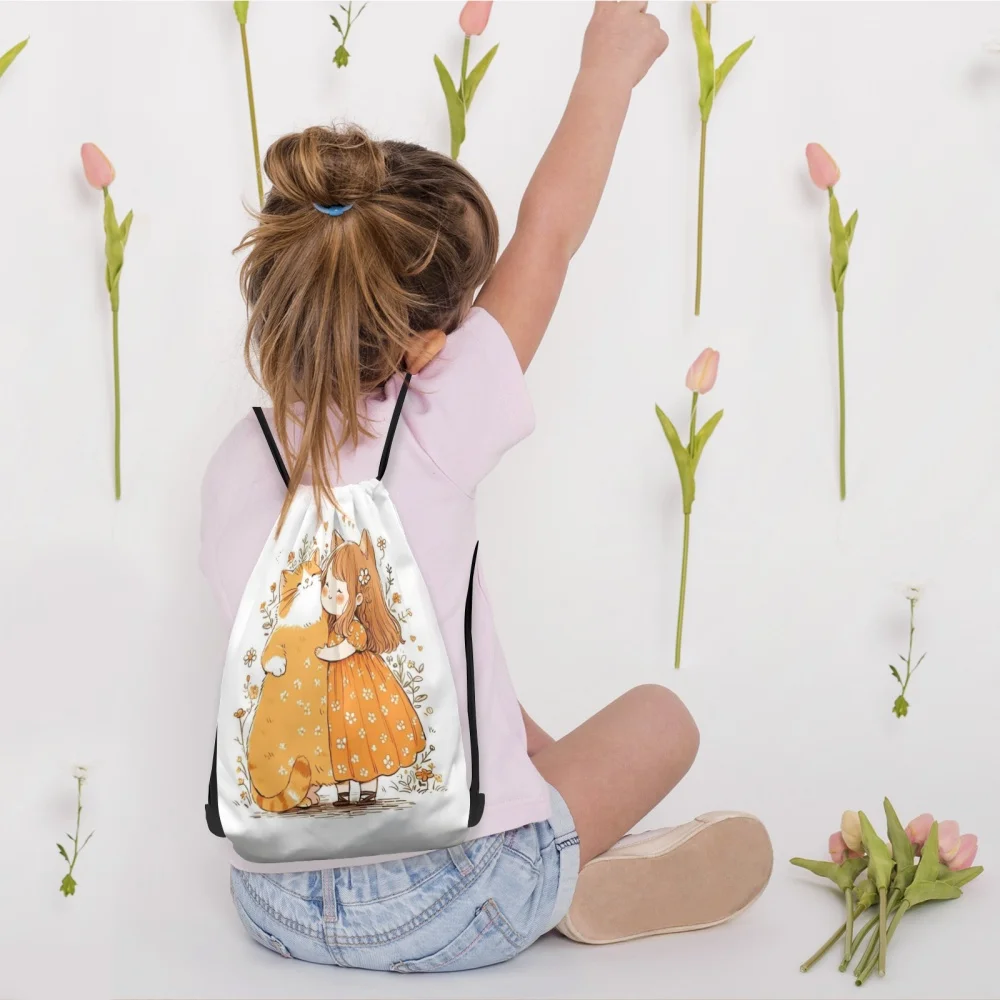 1PC Cute Girl Print Custom Text Drawstring Backpack Portable Sports Bag for Travel Fitness Yoga Outdoor Corporate Gift