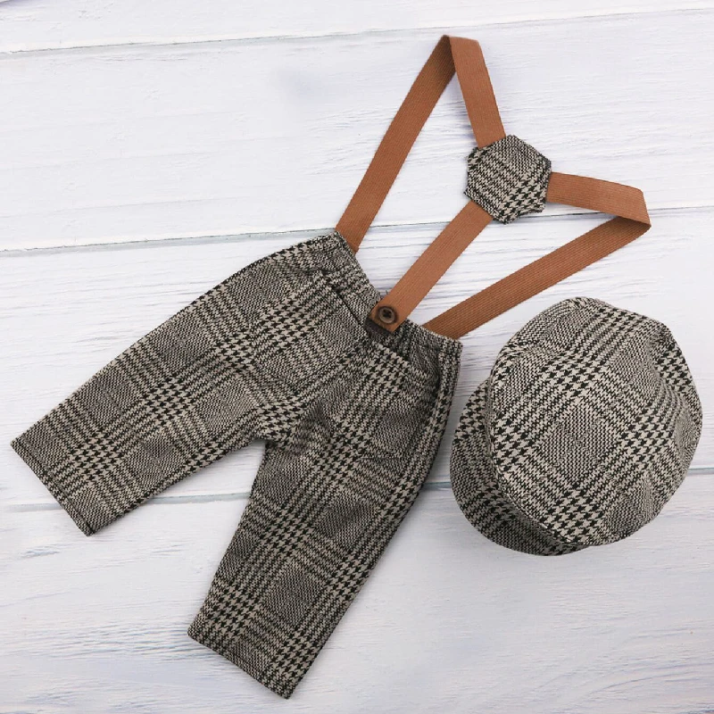 Ylsteed 2 Pieces Newborn Boy Photography Outfit Little Gentlemen Overalls Baby Plaid Suspenderants Casquette Set