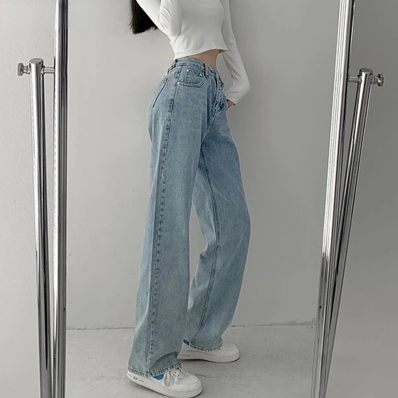 High Waist Jeans Women Loose Solid Mopping Simple  Street Denim Trousers Girls Trendy Designed All-match Young Lady Stylish Ins