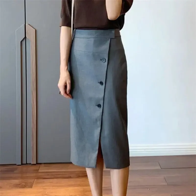 ฤดูใบไม้ผลิฤดูร้อนใหม่ Office Lady กระโปรงผู้หญิงสูงเอวเดี่ยวแยก A-Line ห่อสะโพกกระโปรง Elegant Jupe