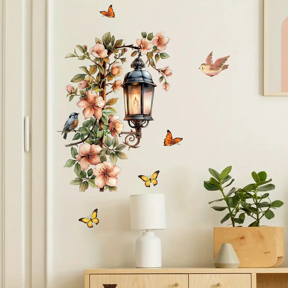Colorful Flower Pendant Lamp Bird Wall Sticker For Bedroom Living Room Entrance Home Background Decoration Self-adhesive