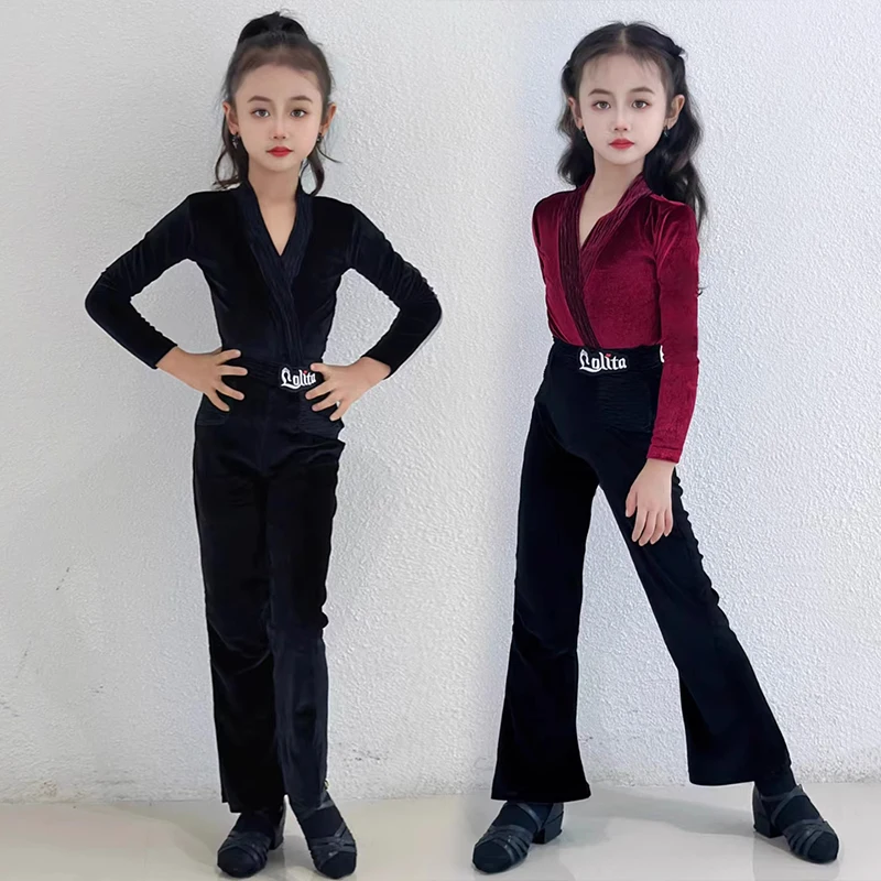 2025 conjunto de pantalones de baile latino para niños, Top de manga larga de terciopelo, ropa de práctica de actuación latina para niñas, traje de entrenamiento Cha VBH2188