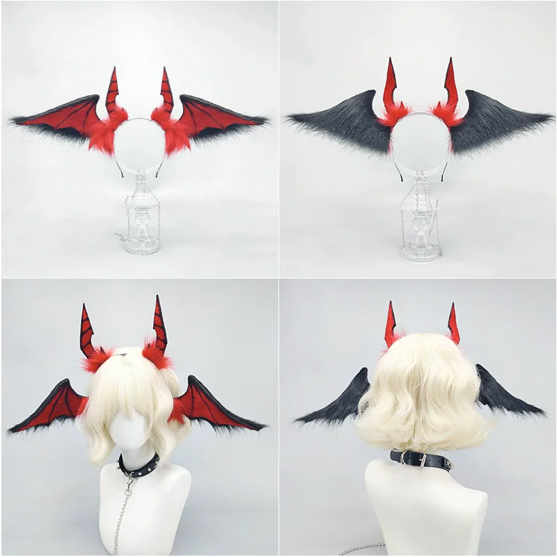 Fatto a mano Rosso Peloso Diavolo Pipistrello Fascia Orecchie di animali di Halloween Copricapo peloso Subcultura Ragazza Notte Festa Inferno CoolCosplay Puntelli