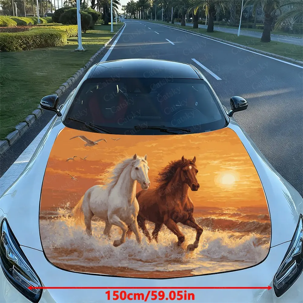 Horses Under The Sunset Car Hood Vinyl Wrap Sticker - Waterproof Self-Adhesive Decal, Universal Car Surface Protection Cover, En