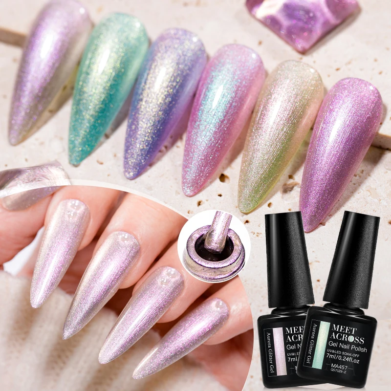 MEET ACROSS 7ml Foggy Auroras Glitter Gel Lakier do paznokci Glitter Nail Art Semi-Permanent Gel Lakier Auroras Top Coat