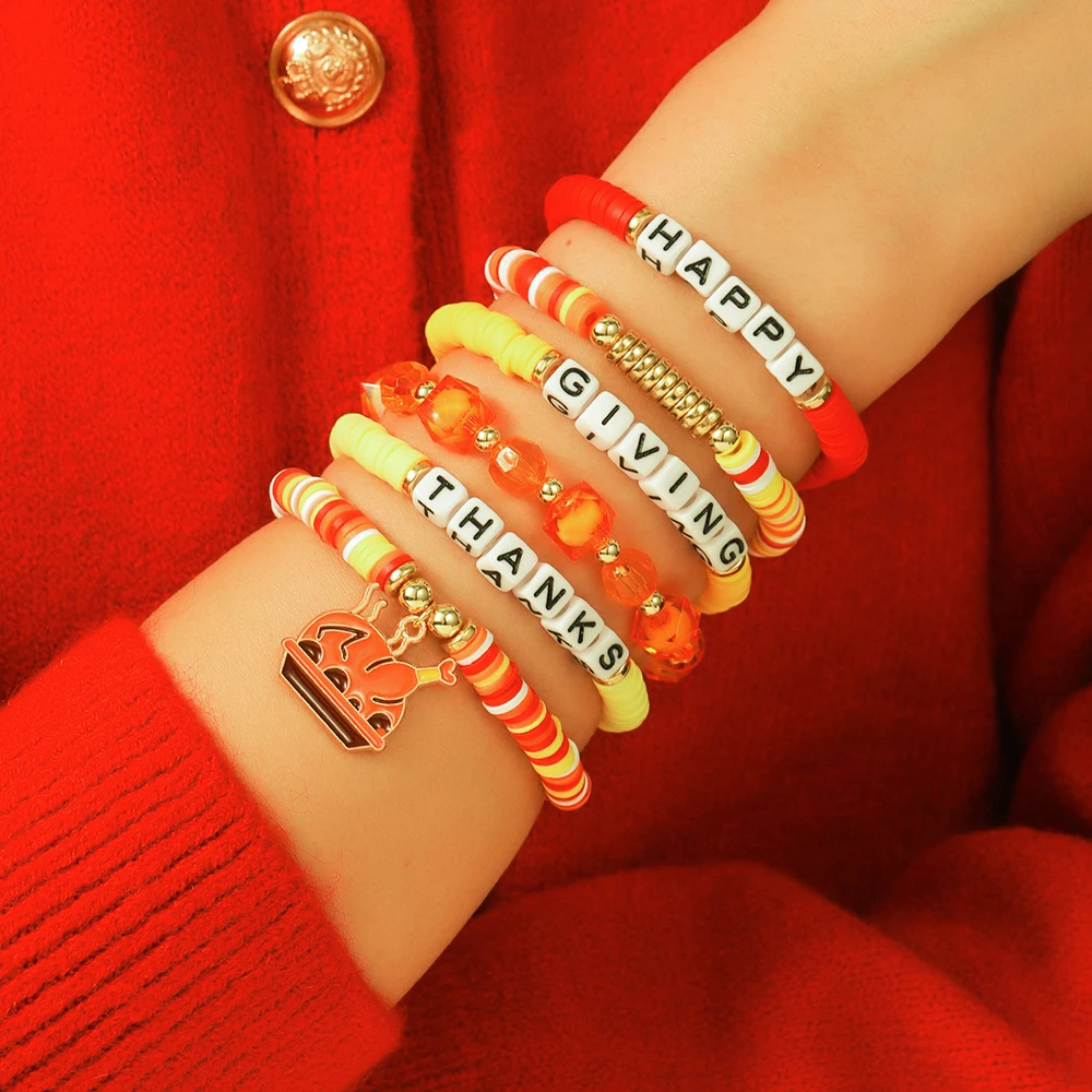 Simple Thanksgiving Maple Leaf Pumpkin Turkey Bracelet Autumn Harvest Orange Rice Bead Polymer Clay Alphabet Bracelet Set