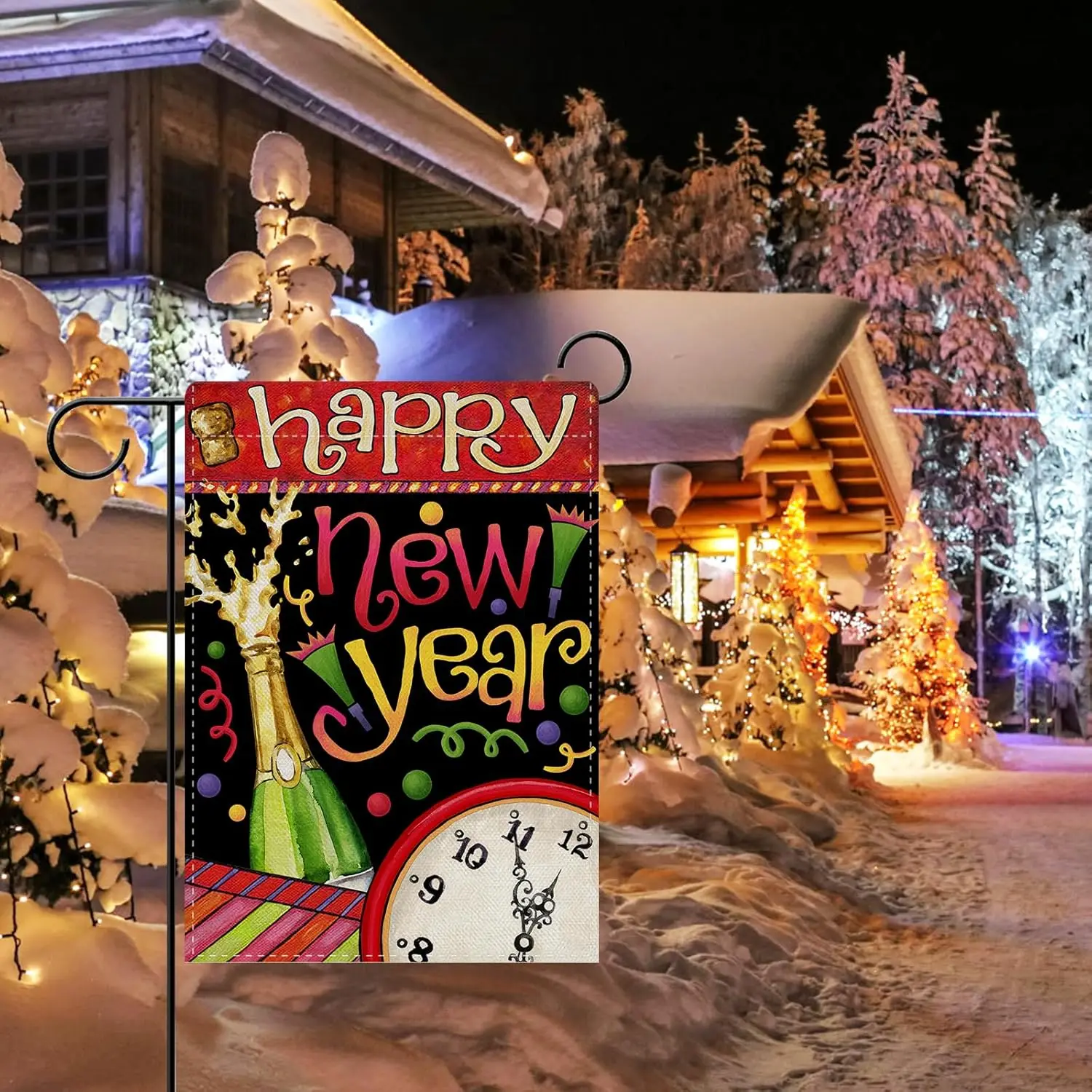 Dyrenson Happy New Year 2026 Decorative Garden Flag, Champagne Clock Celebration Yard Outside Home Decoration, Christmas Win LLG
